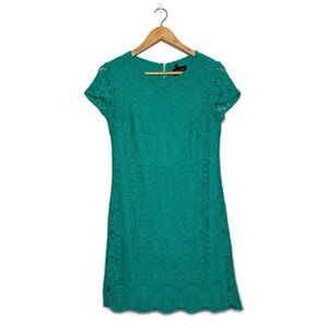 Laundry by Shelli Segal Shift Dress Teal Green Crochet Lace Short Sleeve Size 2